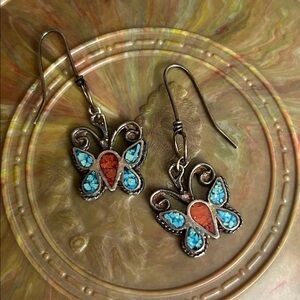 Vintage Zuni Butterfly Sterling Silver Earrings with Turquoise and Coral Accents